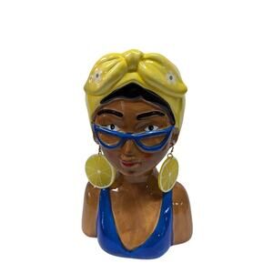 Large Ceramic Fruit lady headvase planter 9" tall YELLOW BANDANA LEMON RING